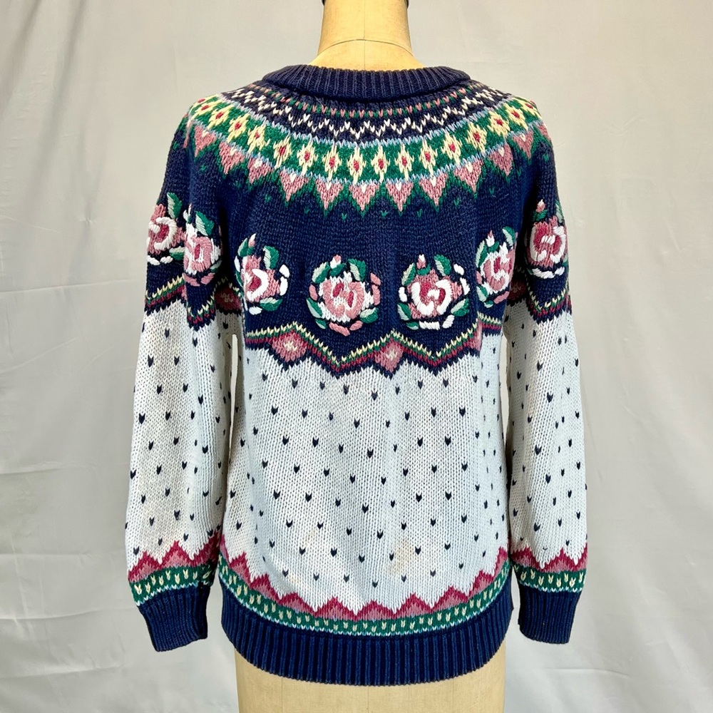 VINTAGE 80s rose floral embroidered‎ fair isle knit sweater cottagecore feminine - Picture 4 of 16